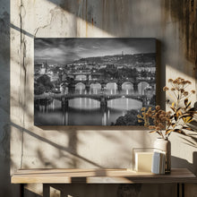 Art Prints of Evening view over the Vltava bridges in Prague - Monochrome