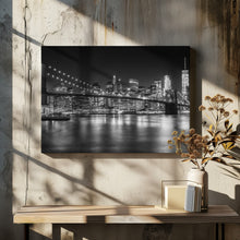 Art Prints of MANHATTAN SKYLINE &amp; BROOKLYN BRIDGE Idyllic Nightscape - Monochrome Panoramic