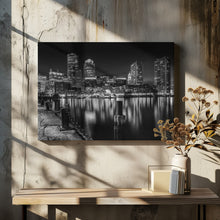 Art Prints of BOSTON Fan Pier Park &amp; Skyline at night - monochrome