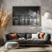 Art Prints of MANHATTAN SKYLINE &amp; BROOKLYN BRIDGE Idyllic Nightscape - Monochrome Panoramic