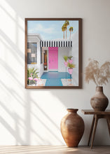 Art Prints of Pink Door with Yard Flamingos