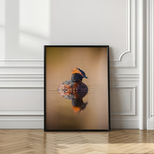 Art Prints of Horned grebe with reflection on a mirror like pond