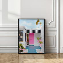 Art Prints of Pink Door with Yard Flamingos