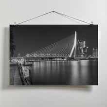 Art Prints of ROTTERDAM Erasmus Bridge with Willemskade by night | Monochrome