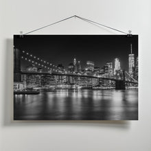 Art Prints of MANHATTAN SKYLINE &amp; BROOKLYN BRIDGE Idyllic Nightscape - Monochrome Panoramic