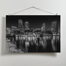 Art Prints of BOSTON Fan Pier Park &amp; Skyline at night - monochrome