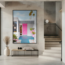 Art Prints of Pink Door with Yard Flamingos