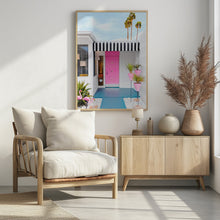 Art Prints of Pink Door with Yard Flamingos