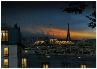 Art Prints of roofs of Paris at blue hour