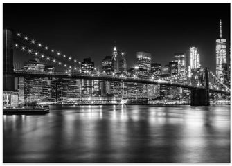 Art Prints of MANHATTAN SKYLINE &amp; BROOKLYN BRIDGE Idyllic Nightscape - Monochrome Panoramic