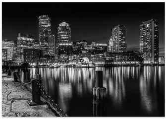 Art Prints of BOSTON Fan Pier Park &amp; Skyline at night - monochrome