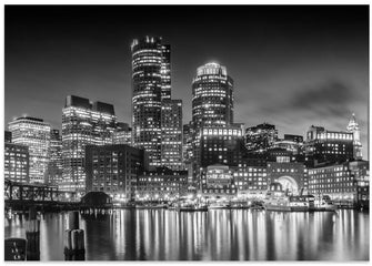 Art Prints of BOSTON Fan Pier Park &amp; Skyline in the evening - Monochrome Panoramic