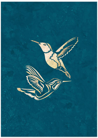 Art Prints of Gold Hummingbird Line art Silhouettes 1