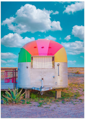 Art Prints of Vintage Camper Trailer With Rainbow Top