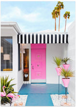 Art Prints of Pink Door with Yard Flamingos