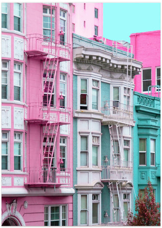 Art Prints of Pink and Blue Row Houses in San Francisco