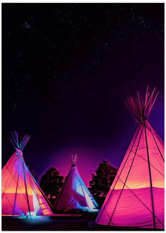 Art Prints of Vaporwave Teepees Glowing at Night Under Stars In Marfa Texas