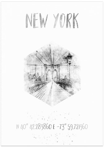 Art Prints of Coordinates NYC Brooklyn Bridge |  monochrome watercolor