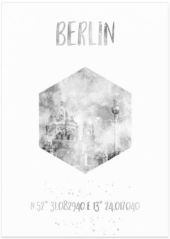 Art Prints of Coordinates BERLIN CATHEDRAL &amp; TELEVISION TOWER | monochrome watercolor