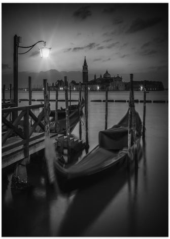 Art Prints of VENICE Gondolas during sunrise in black and white