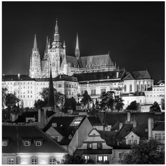 Art Prints of Prague Castle and St. Vitus Cathedral by night - Monochrome